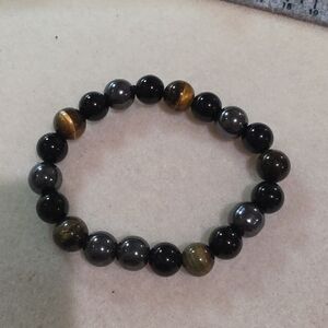Women's Black Obsidian,Tiger Eye And Hematite Beaded Stretch Bracelet